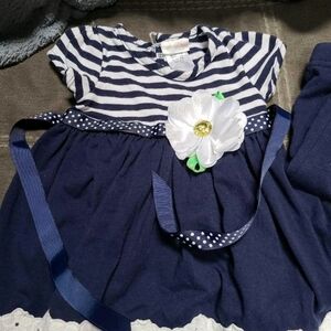 Navy and White Striped Baby Dress with Flower Accent